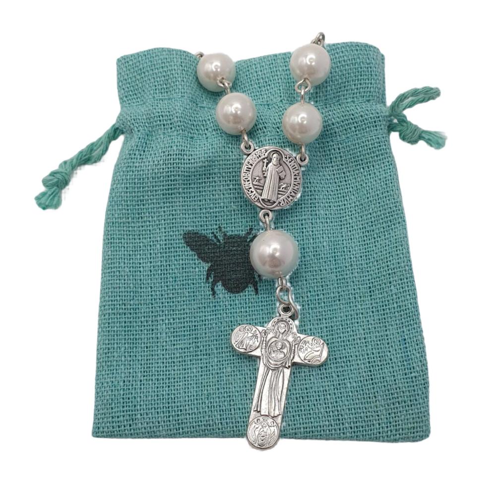 Single Decade Rosary with Shell Pearl Beads, Sterling Silver Links and St. Benedict Medal