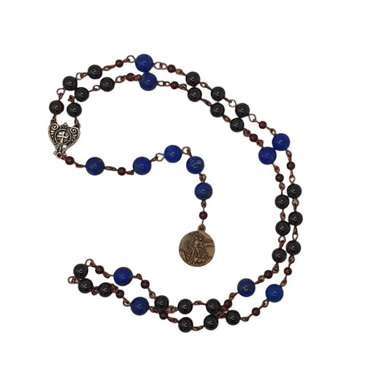 St. Michael’s Chaplet with Garnet, Lapis Lazuli Beads and Bronze St. Michael Medal