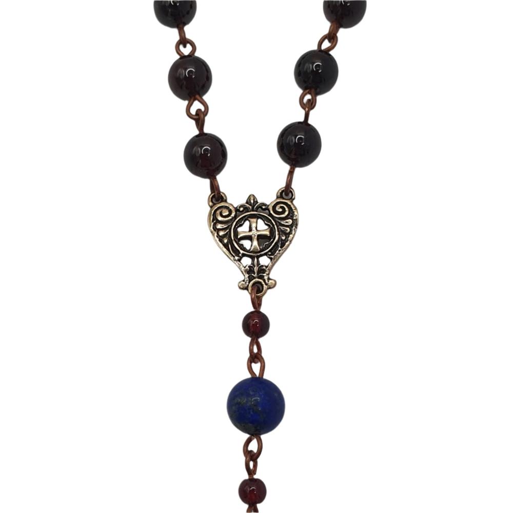 St. Michael’s Chaplet with Garnet, Lapis Lazuli Beads and Bronze St. Michael Medal