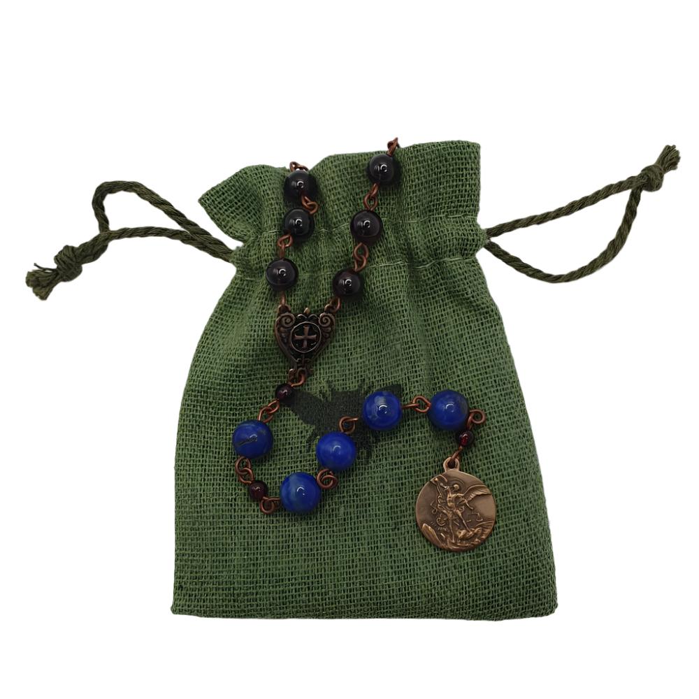 St. Michael’s Chaplet with Garnet, Lapis Lazuli Beads and Bronze St. Michael Medal