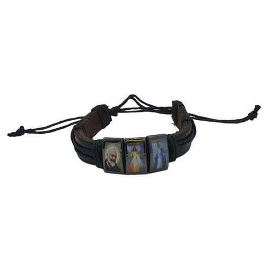 Adjustable Leatherette Saints Bracelet – Padre Pio, Divine Mercy, and Miraculous Mary