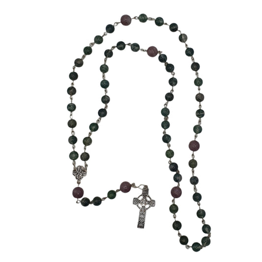 Handmade Moss Agate & Plum Jade Five-Decade Rosary – Celtic-Inspired Artisan Design