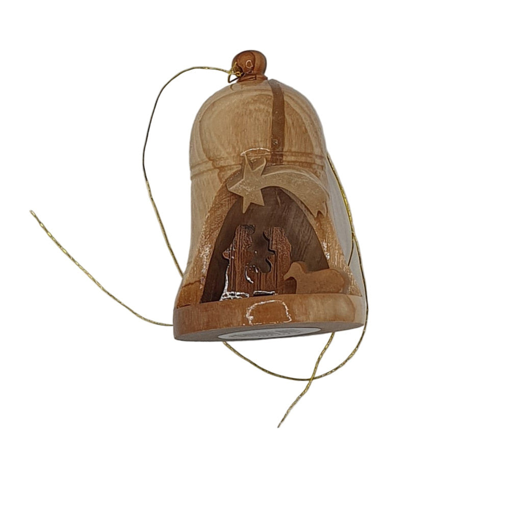 Olive Wood Nativity Bell Hanging Decoration - 7cm