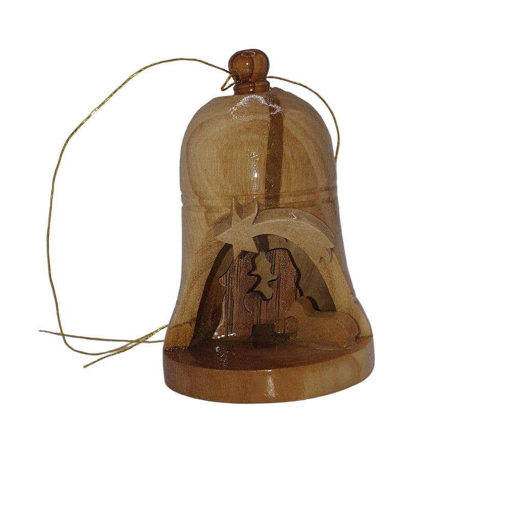 Olive Wood Nativity Bell Hanging Decoration - 7cm