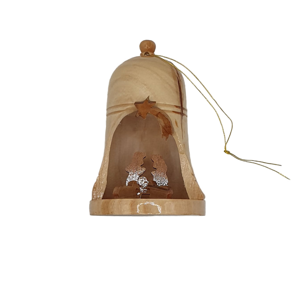 Olive Wood Nativity Bell Hanging Decoration - 9cm