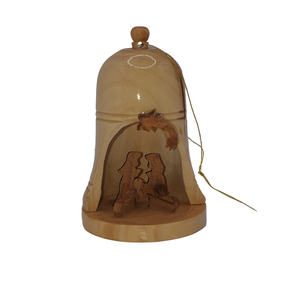 Olive Wood Nativity Bell Hanging Decoration - 9cm